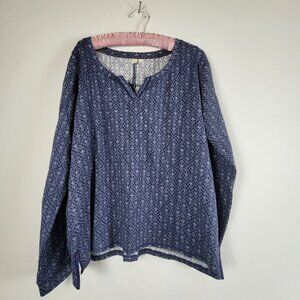 E by Eloise Womens Large Split Neck Geometric Sweater Blue Long Sleeve Stretch